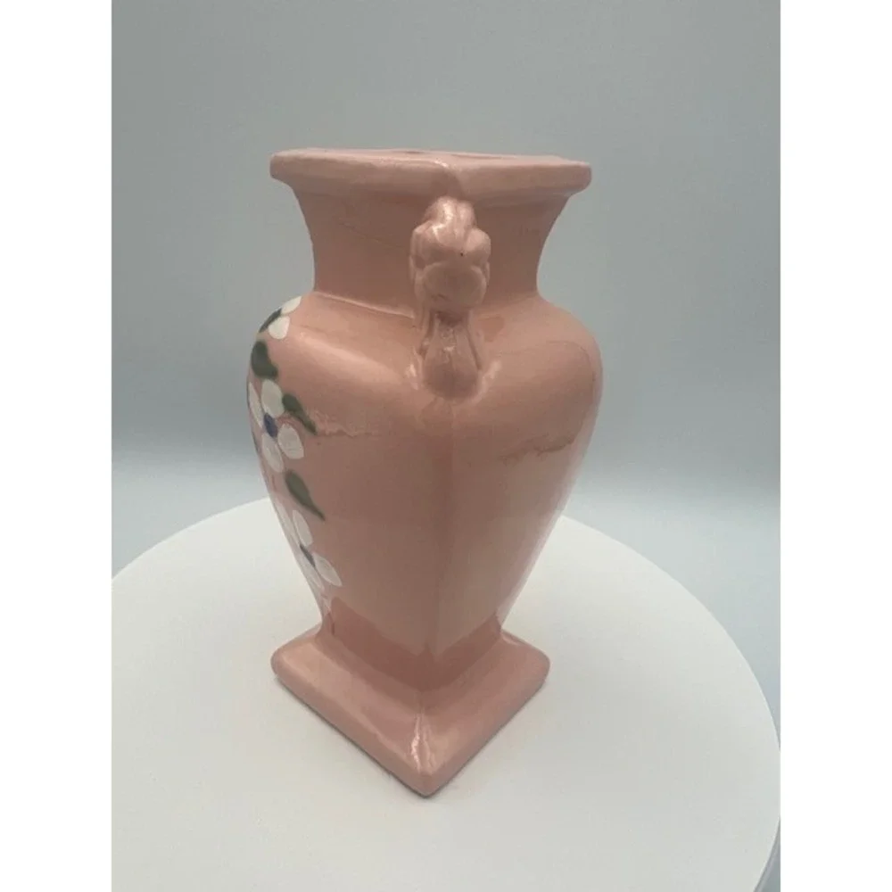 Vintage R.R.P. Co Roseville Ohio Pink Ceramic Bud Vase Hand Painted Floral 5.5
